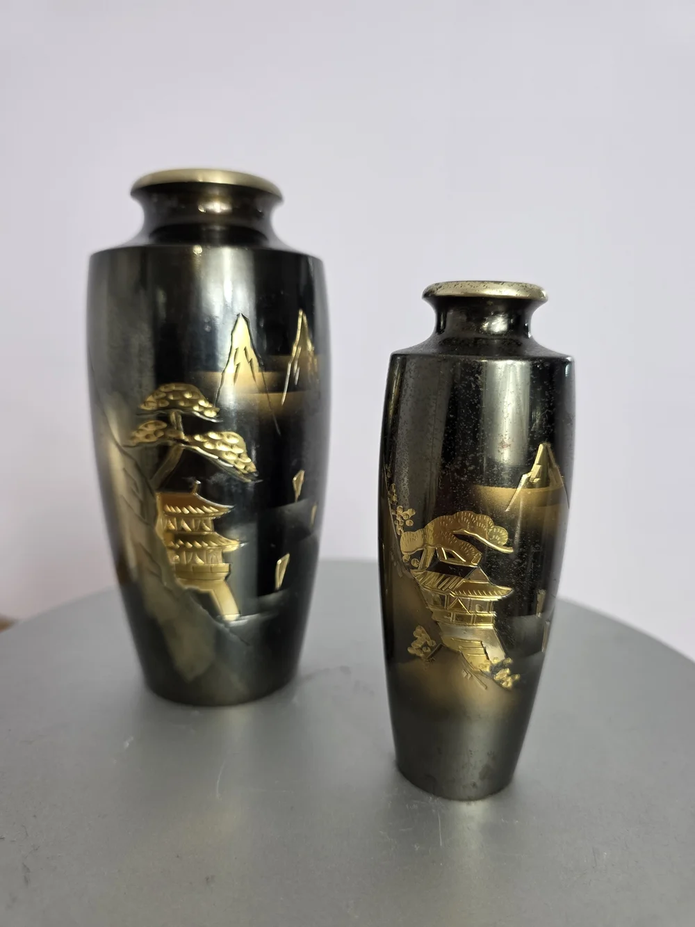 Vintage Japanese Choken Style Metal Vase Set Of 2 Beautiful Landscape Design
